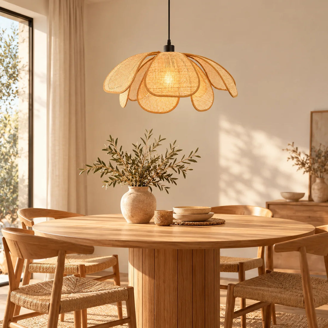 Suspension fleur en rotin Grasse au-dessus d'une table à manger en bois