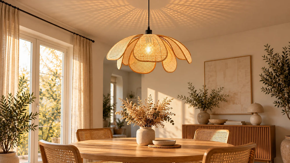 Suspension fleur en rotin allumée au-dessus d'une table ronde