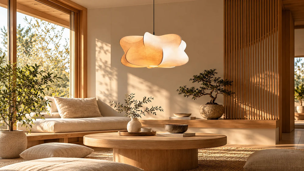 Suspension japandi dans un salon en bois et lin