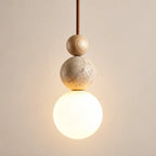 Suspension Moustiers bois clair, perles travertin