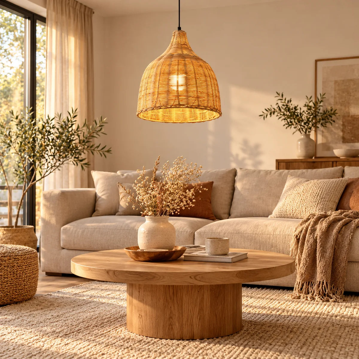 Suspension Anduze grande naturel dans un salon, au-dessus d'une table basse