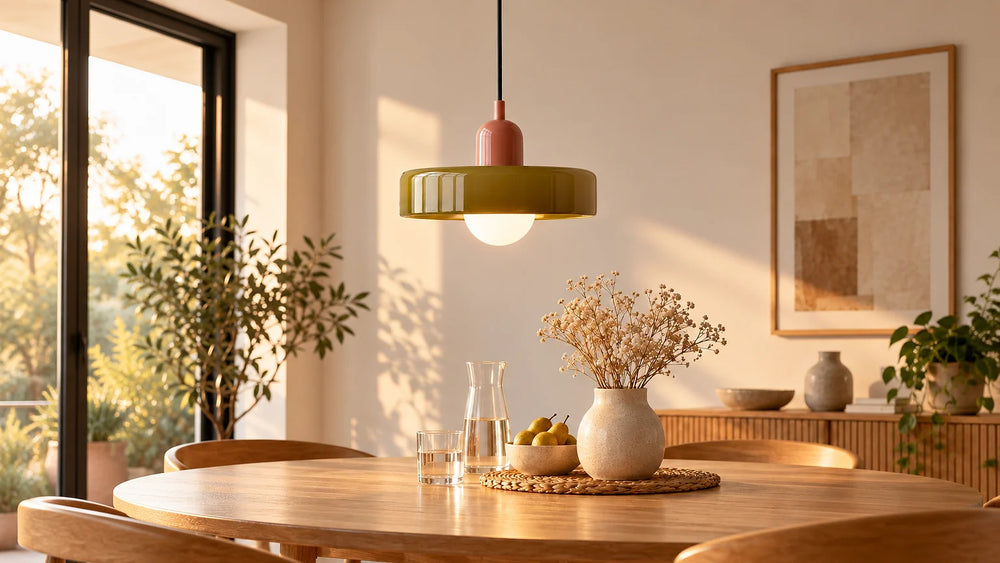 Suspension en verre allumée au-dessus d'une table