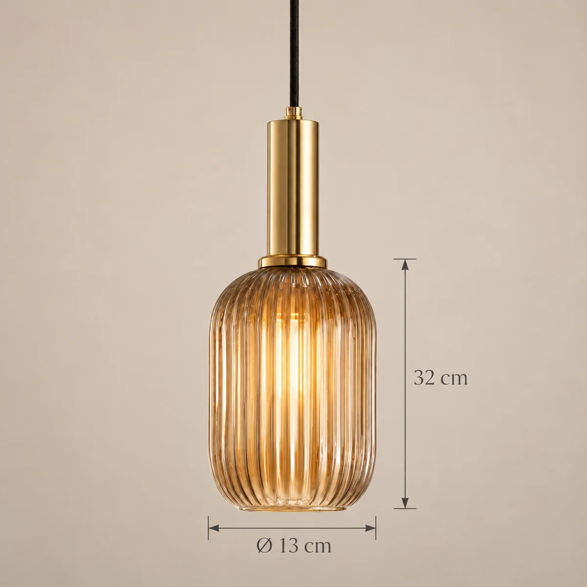 Dimensions de la suspension Dieulefit tube ambré : Ø 13 cm, 32 cm