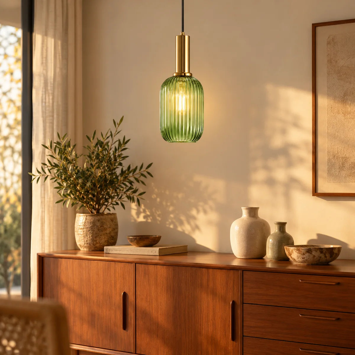 Suspension Dieulefit tube vert au-dessus d'un buffet en bois