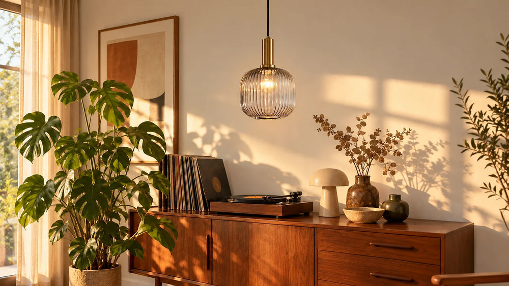 Suspension vintage en verre strié au-dessus d'un buffet