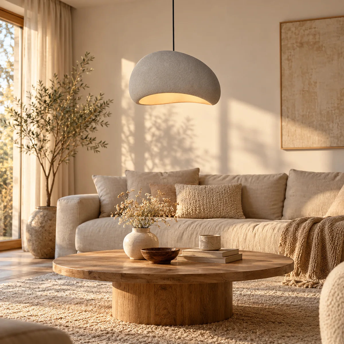 Suspension Gordes galet gris dans un salon, au-dessus d'une table basse