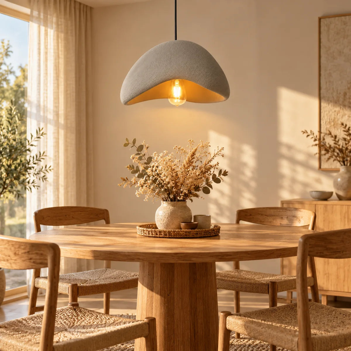 Suspension Gordes vague gris au-dessus d'une table ronde
